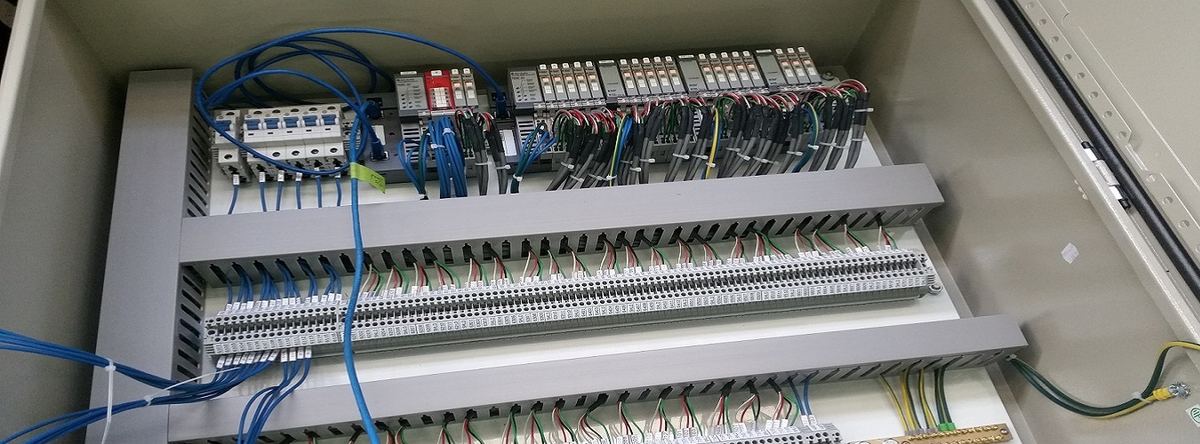 Terminal rail and relay panel, representative of process control engineering